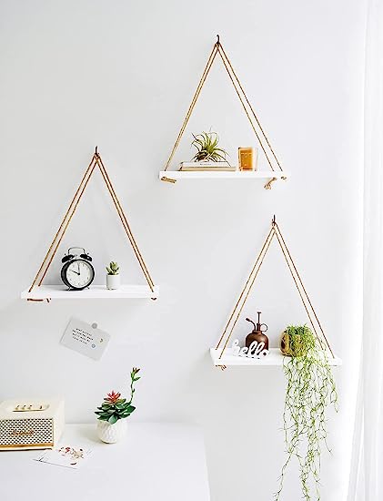 Set of 3 Wood Hanging Shelves for Wall Boho Decor Swing Rope