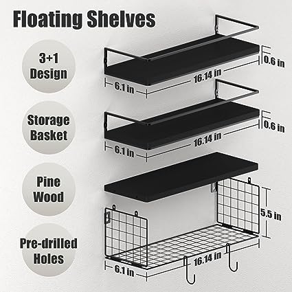 WOCOPIA Bathroom Shelves Over Toilet Wall Mounted, Bathroom Organizers and  Storage with Toilet Paper Basket & S Hooks, Floating Shelves for Wall, Wall