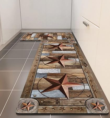 Farmhouse Wood Kitchen Rugs Mats Set of 2 Rustic Texas Star Anti-Fatigue  Cushioned Kitchen Floor Mat Non-Slip Backing Washable Kitchen Rugs Set  Office