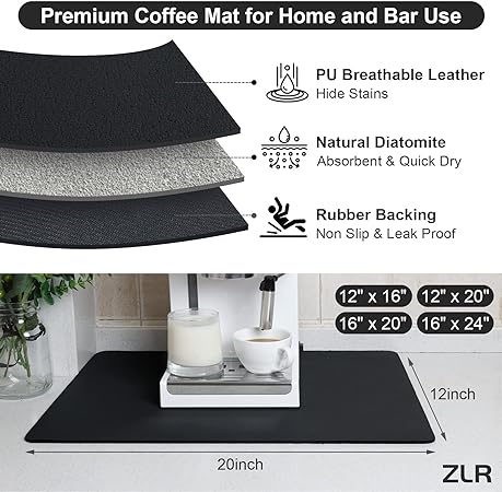 SOSMAR Coffee Mat, 12''x 20'' Absorbent Dish Drying Mat, Coffee Bar Mat,  Coffee Maker Mat for Countertop, Non-Slip Rubber Backed, Coffee Bar