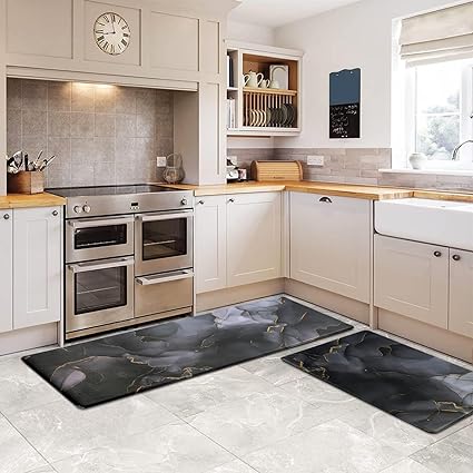 Black Marble Kitchen Rug Set of 2 Anti Fatigue Modern Abstract Non-Slip  Kitchen Floor Mats 0.4 Inch Comfort Standing Waterproof Mats for Kitchen  Sink