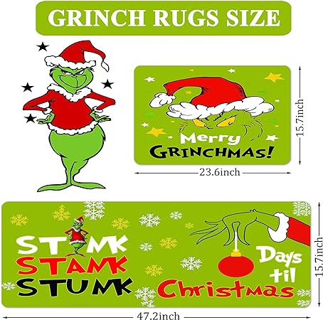 Christmas Comfort Grinch Kitchen Rug Set 2 Piece, Non Slip Cushioned Floor  Mat