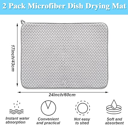 2 Pack Microfiber Dish Drying Mat,24*17 inch Absorbent Dish Drainer Kitchen  Counter,Large Size Dish Drying Pad for Countertops,Sinks,Draining