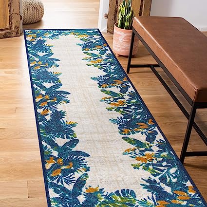 Tropical Floral Border Non-Shedding Outdoor Rugs - 2' x 7