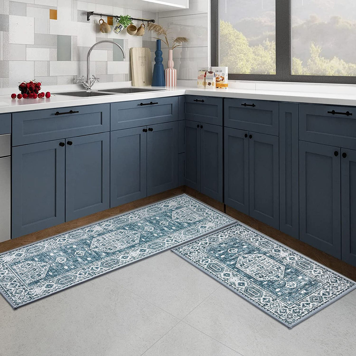 Kitchen Rugs and Mats Set of 2, Blue Kitchen Rug Comfort Floor Mat Non Slip  Washable Kitchen Carpet Rug Runner for Floor Home, Office, Sink, Laundry  17x47+17x30-Ethnic Traditional Pattern 