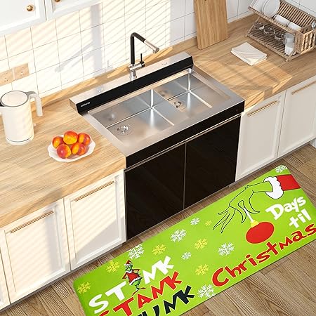  Grinch Christmas Decorations Kitchen Rugs and Mats Set of 2,  The Grinch Decor of Winter Holiday Party and Home Kitchen, Non-Slip,  Washable, Stain and Fade Resistant, Size (17x30 and 17x47 inch) 