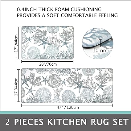 Nautical Kitchen Rugs Set, Beach Starfish Kitchen Mats Cushioned anti  Fatigue 2