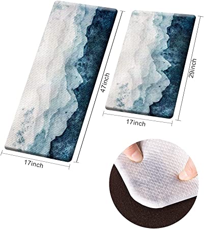 Kitchen Mat 2 Pieces Non Slip PVC Leather Painting Foggy Mountain Nation  Park Clouds Forest Navy Blue Cushioned Kitchen Rug Runner Anti Fatigue  Waterproof Sauce Oil Proof 