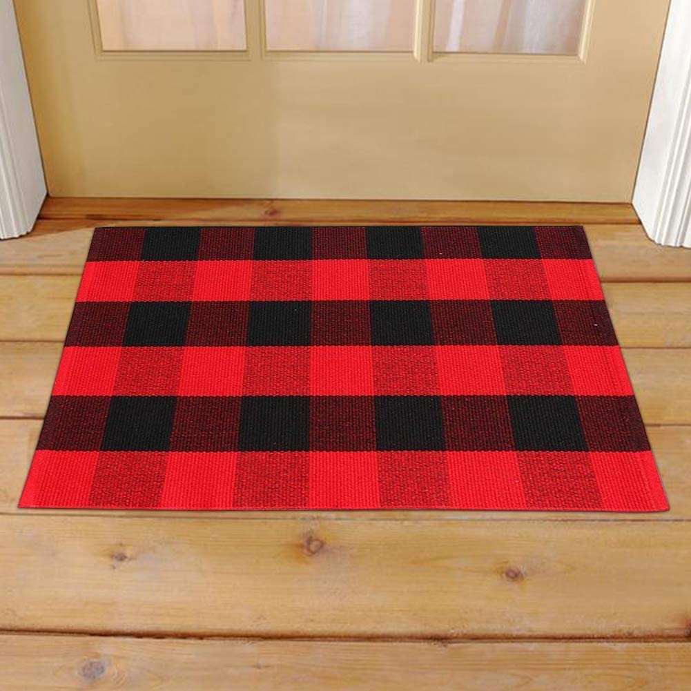 Buffalo Plaid Outdoor Red And Black Check Front Door Mat Washable