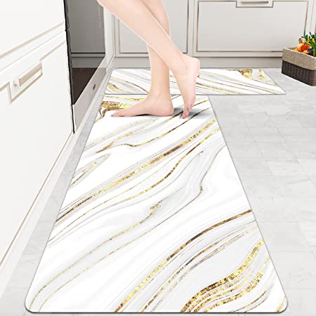 Kitchen Rugs Anti-Fatigue Golden Stripe Swirl Design Marble Kitchen Fl