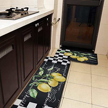 Black Floral Kitchen Rug Mat, Black and White Kitchen Rugs Sets of 2  Washable Non-Slip Black Kitchen Mats for Floor 2 Piece Black Kitchen Decor  