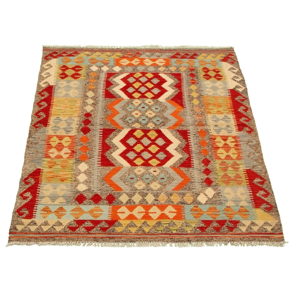 Wool on Wool Kilim Flat Weave Reversible Rug 3' 4 x 4' 9 - Q17917 by Manhattan Rugs