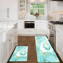 Set of 2, Anti-Fatigue Cushioning Comfortable Standing Teal Turquoise Abstract Marble Design Kitchen Mats