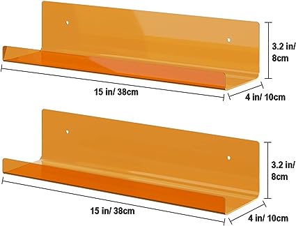 Clear Acrylic Floating Wall Shelves, Two Pack, 15 Inch Wall Bookshelf