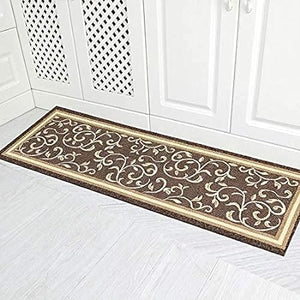 Floral Design Non Slip Rubber Back Kitchen Mat Carpet (Brown, Runner (2'x10')