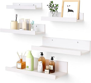 Set of 5, Wall Mounted Wood Shelves for Bedroom, Living Room, Bathroom, Kitchen, Small Picture Ledge Shelves