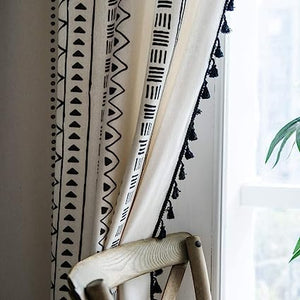 Bohemian Geometric Tassel Window Curtains - 2 Panels Semi Blackout Cotton Blend Farmhouse  (Bohemian, 52" W x 84" L Pair)Boho Style Drapes Rod Pocket