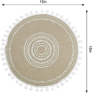 Tribal Folk Geometric Circles Pattern Round Placemat - Farmhouse Jute Table Mats  (Jute, Set of 4)