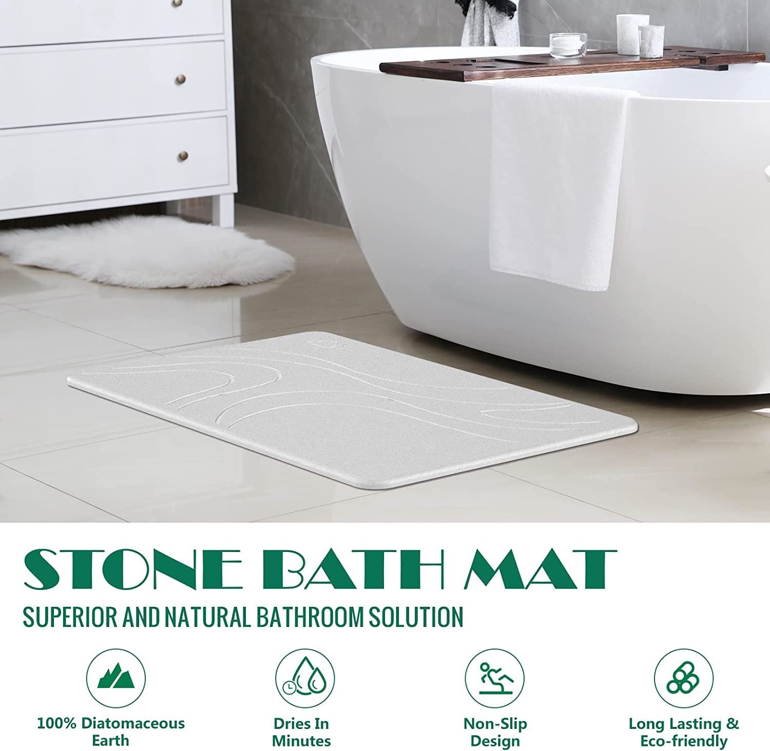 Bath Stone by Stiio,Diatomaceous Earth Bathmat, Non-Slip