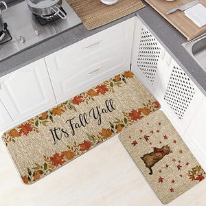 Set of 2, It's Fall Y'all Cat Kitchen Mats 17x27 and 17x47 Inch
