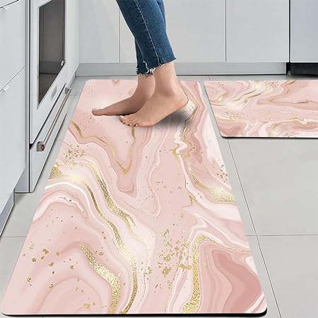 Set of 2 PVC Waterproof Cushioned Anti Fatigue Waterproof Cushioned Anti Fatigue Pink Gold Marble Kitchen Mats 17