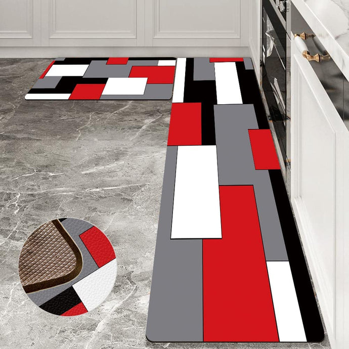 Set 2 Piece Abstract Geometric Art Cushioned Kitchen Rugs  - 17.5