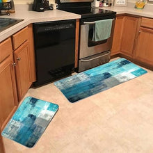 Turquoise Grey Abstract Art Painting Non-Slip Farmhouse Kitchen Rugs, 17"X48"+17"X24"