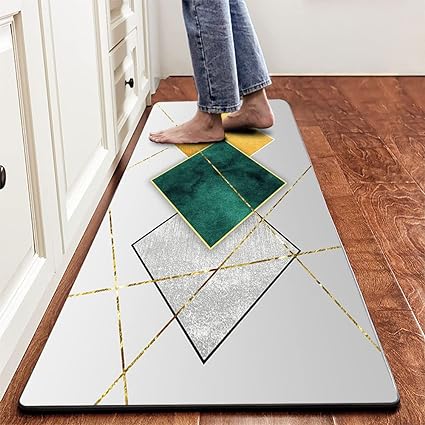 Anti Fatigue Mat Light Grey Background Silver with Gold and Green Luxury Geometric Abstract Art Memory Foam Kitchen Mat Set of 2 Kitchen Sink Mat for Floor Laundry Office