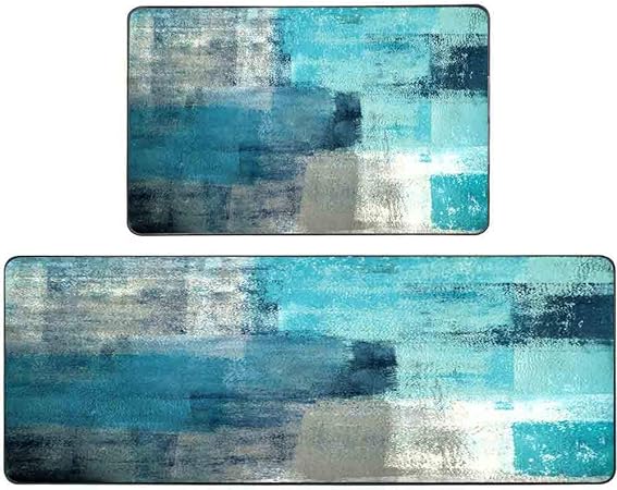 Turquoise Grey Abstract Art Painting Non-Slip Farmhouse Kitchen Rugs, 17