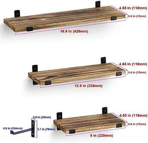 Wall Mounted Rustic Wood Floating Shelves Metal Brackets Storage Set for Bathroom Bedroom Living Room Kitchen Black