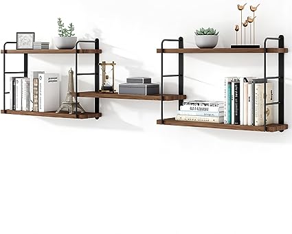 Brown Wood Black Metal Frame Wall Shelves