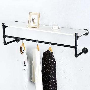 Industrial Farmhouse Shelf with Hanger Rack for Laundry Room