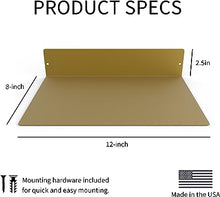 12 Inch Linear Floating Shelf - USA Manufactured Steel - Industrial Heavy Duty Metal Wall Mounted Modern Farmhouse Designed Shelf Ledge (12-in X 8-in Powder Coated Gold)