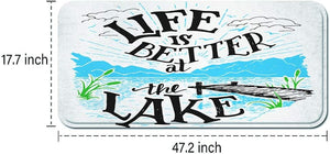 Entry Floor Carpet Door Mat Cabin Decor Life is Better at the Lake Wooden Pier Plants Mountains Outdoors Sketch, Color-8