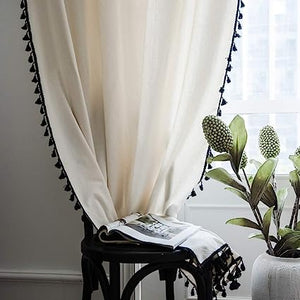 Bohemian Geometric Tassel Window Curtains - 2 Panels Semi Blackout Cotton Blend Farmhouse  (Bohemian, 52" W x 84" L Pair)Boho Style Drapes Rod Pocket