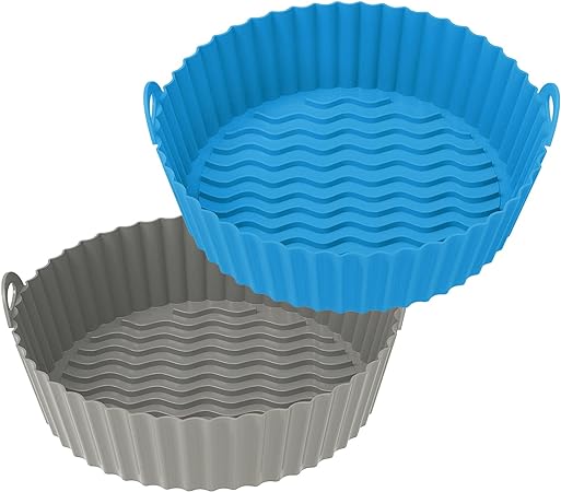 2 Pack Air Fryer Silicone Baking Tray 7.5inch for 3 to 5 Qt Reusable (Blue+Grey)