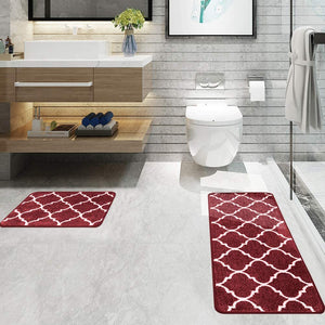 2 Pieces Set Absorbent Soft Microfiber Bath Mat Moroccan Trellis Non-Slip Kitchen Rugs - 17"x48"+17"x24", Grey