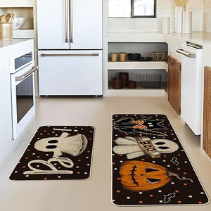 Bats Black Cats Boo Pumpkin Halloween Kitchen Mats Set of 2, 17x29 and 17x47 Inch