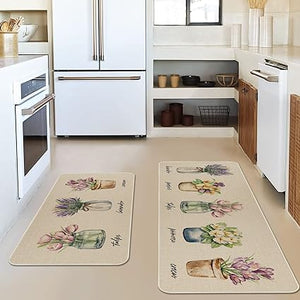 Funny Cactus Kitchen Rugs and Mats Set of 2, Non-Slip Washable Kitchen Sink Mats Holiday Kitchen Decor Doormat+Runner Rug