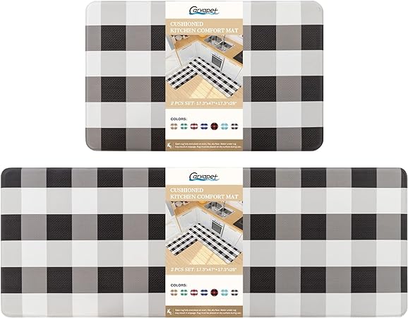 Cushioned Anti-Fatigue Waterproof Non-Slip Buffalo Plaid Heavy Duty PVC Ergonomic Comfort Standing Foam Mats, Rose&White, 17.3''x27.5''