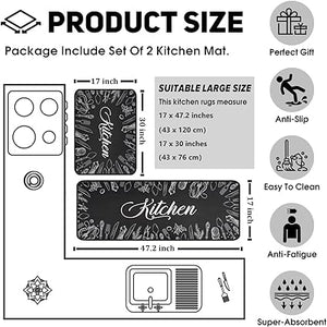 Non Skid Washable Black Kitchen Mat Soft Super Absorbent Anti Fatigue Kitchen Mat Runner Set Doormat Bathroom 17"x47"+17"x30", 2 PCS