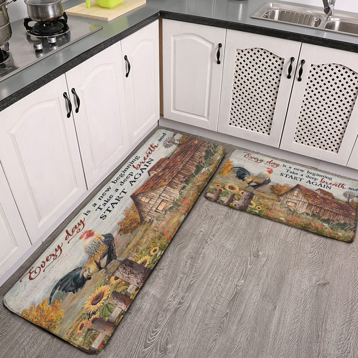Rustic Kitchen Rug Sets 2 Pieces Maple Leaf Bear Moose Deer Country Style  Comfort Mat Cushioned Farmhouse Floor Mats Washable Doormat Anti Fatigue
