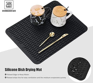 Silicone Non-Slip Easy Heat-resistant Dish Drainer Mat for Kitchen Counter, Sink, Refrigerator or Drawer liner (16" x 12", BLACK)