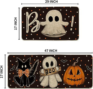 Bats Black Cats Boo Pumpkin Halloween Kitchen Mats Set of 2, 17x29 and 17x47 Inch