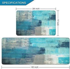 2 Pieces Abstract Anti Fatigue Non Slip Foam Cushioned Blue and Brown Art Painting Comfort Indoor Floor Mat, (17"x48"+17"x24")