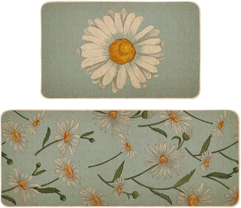 Set of 2, Floral Kitchen Rugs and Door Mats,17x29 and 17x47 Inch DM066