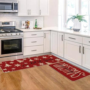 Xmas Trees Snowflake Let It Snow Christmas Kitchen Mats Set of 2, Winter Decor Low-Profile Kitchen Rugs for Floor - 17x29 and 17x47 Inch