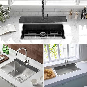 30 inch Sink Splash Guard Mat,Silicone Faucet Handle Drip Catcher Tray, Longer Silicone Sink Mat for KitchenBathroom, Drip Protector Splash Countertop (black)