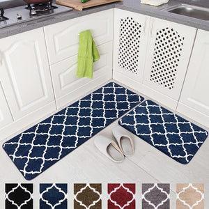 2 Pieces Set Absorbent Soft Microfiber Bath Mat Moroccan Trellis Non-Slip Kitchen Rugs - 17"x48"+17"x24", Grey