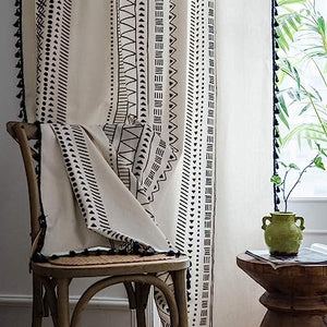 Bohemian Geometric Tassel Window Curtains - 2 Panels Semi Blackout Cotton Blend Farmhouse  (Bohemian, 52" W x 84" L Pair)Boho Style Drapes Rod Pocket